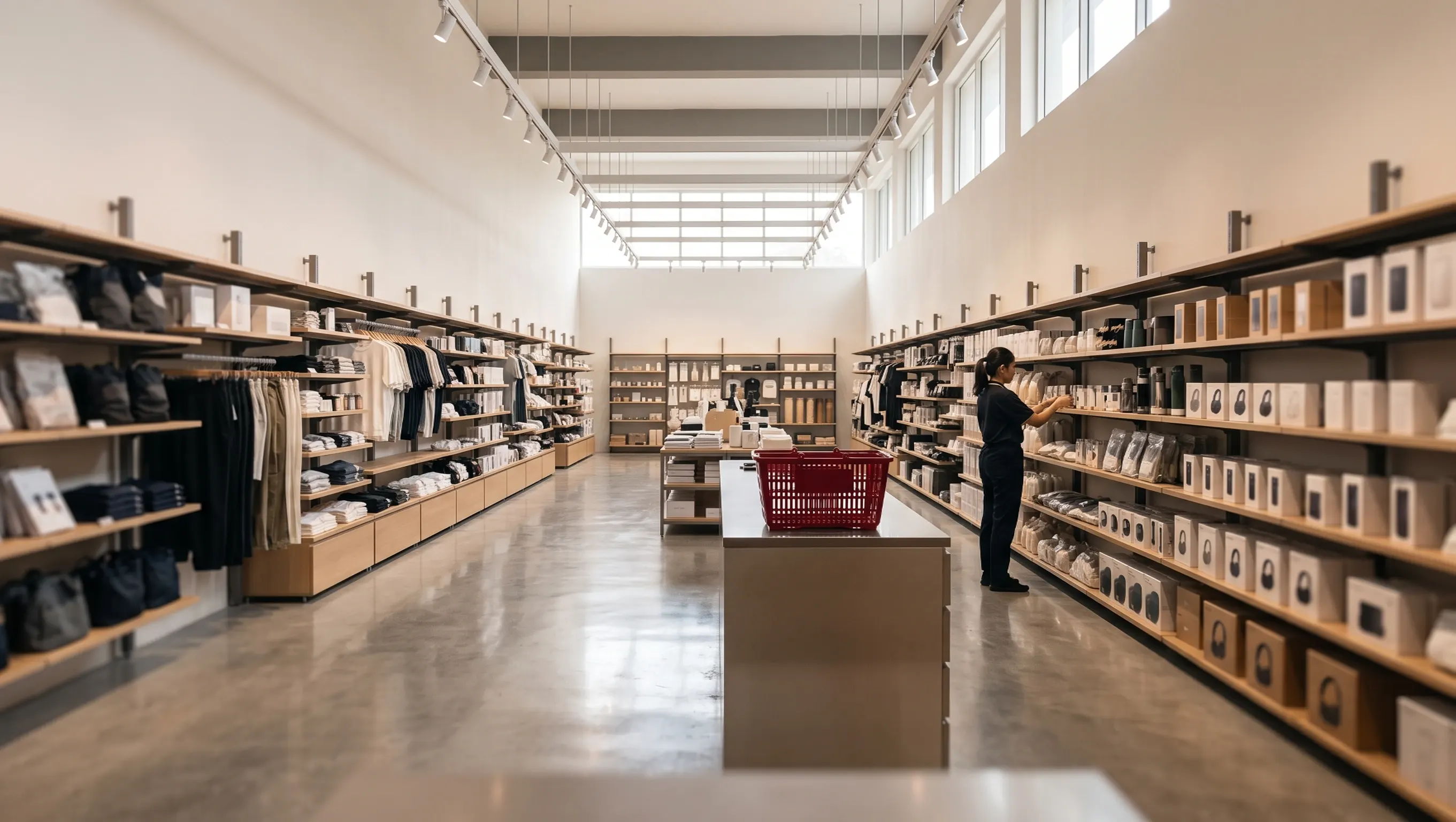 Retail store interior with stocked shelves and a staff member restocking product